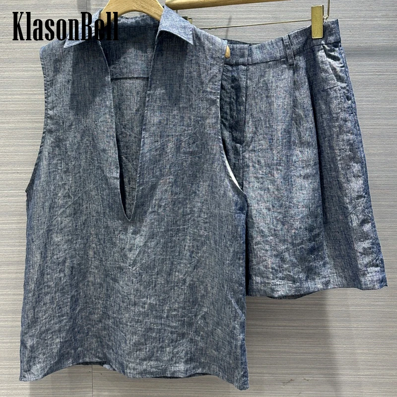 

4.25 KlasonBell Women All-match Cotton Linen Long Lapel Vest Deep V-Neck Sleeveless Shirt Or High Waist Knee Length Pants Set