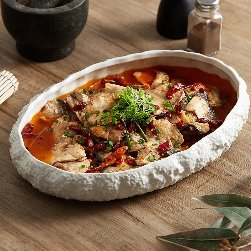 Large Steamed Fish Deep Dish with Rock Pattern,New Ceramic Sashimi Seafood Plate for Home Use,Hotel Clubhouse Lobster Plate