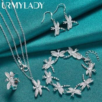 URMYLADY 925 Sterling Silver Dragonfly Necklace Bracelet Earring Ring Jewelry Set For Women Wedding Party Fashion Charm Gift 1