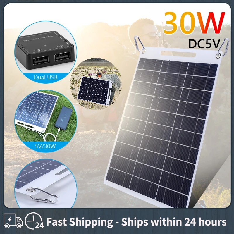 30W Solar Panel 5V Polysilicon Dual USB Flexible Portable Outdoor Solar Cell Car Ship Camping Hiking Travel Phone Charger