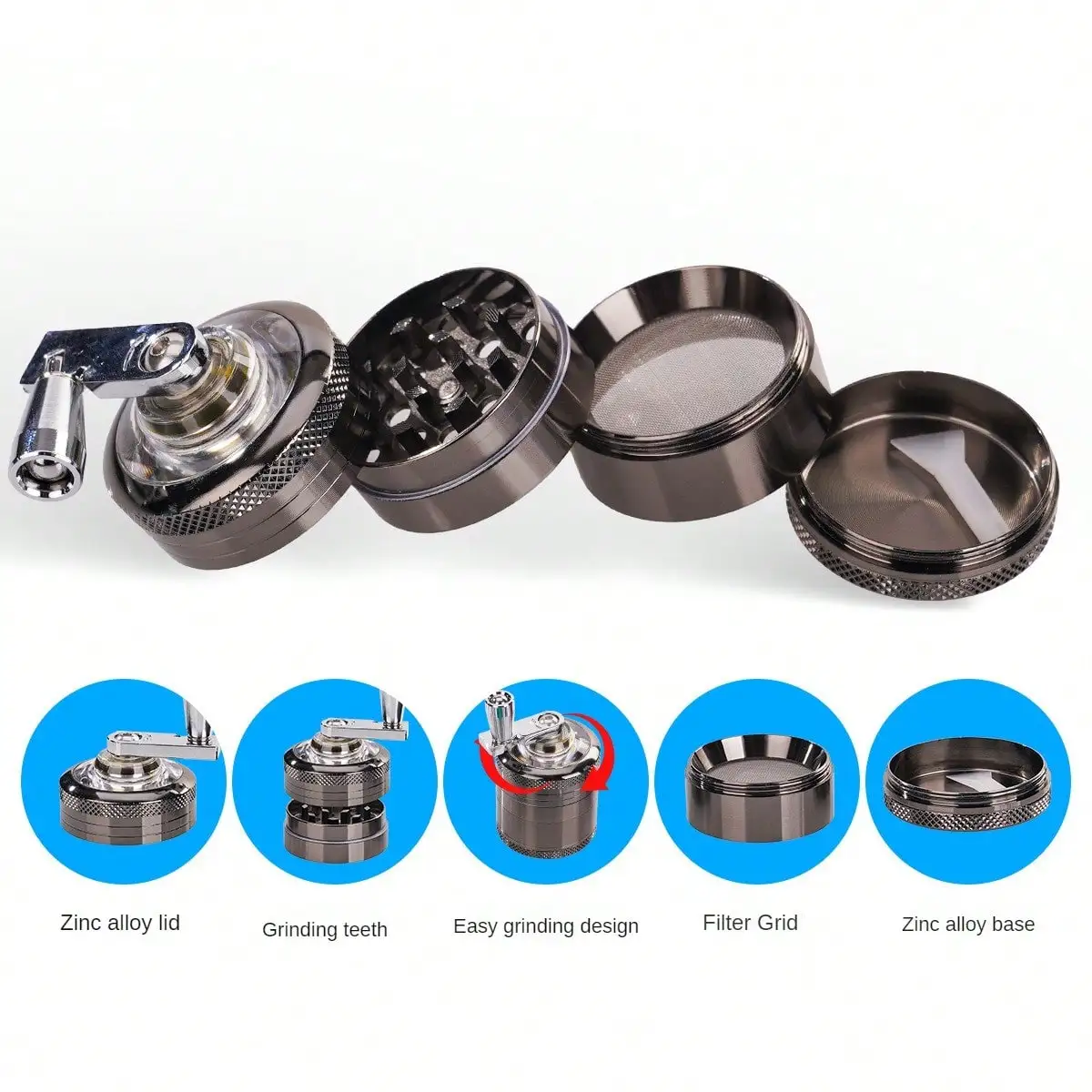 1.6inch Metal Handle Herb Grinder 4-layer Manual Spice Mill Pepper Salt Mortar Raw Grass Tobacco Grinder Cigarette Kitchen Tool salt and pepper grinder,nut spice grinder,herb grinder,pepper grinder,herb spice grinder