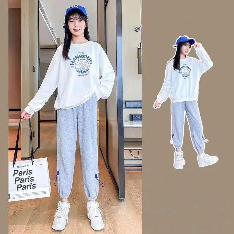 

Спортивный костюм для девочек 5-16 лет, свитшот и серые штаны, комплект для школы и бега