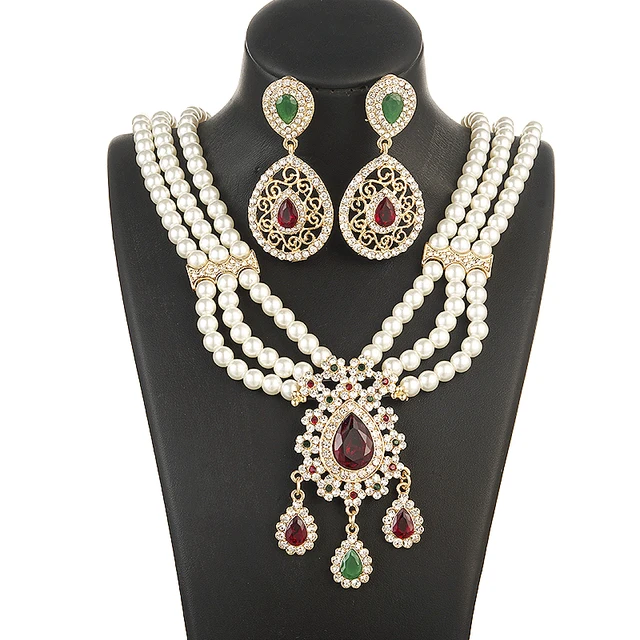 Arab Wedding Ornaments Set Fashionable Green Rhinestone Jewelry Moroccan Women Pearl Earrings Pearl Necklace Waist Chain, Jewelry Set 8