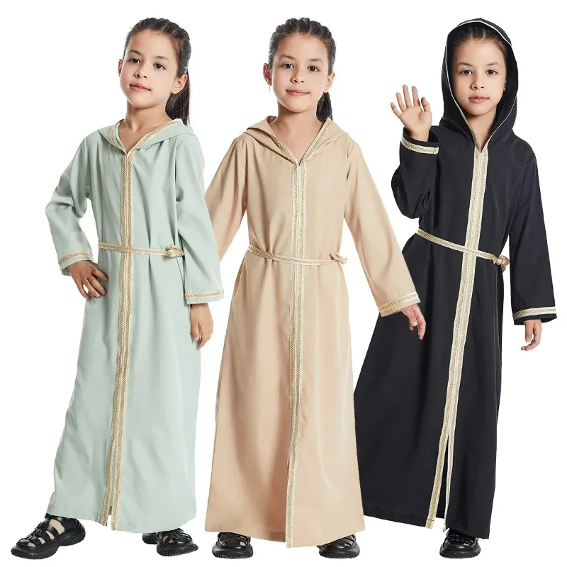 

New Fashion Abaya Kaftan Kids Muslim Long Dress Islamic Long Sleeve Floral Print Dresses Girls V Neck Vestidos Children Clothing