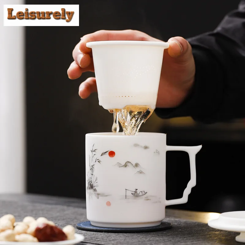 350ml Hand-painted Biscuit Firing Mutton Fat Jade Porcelain Filter Tea Separator Cup Tea Mug With Infuser Tea Brewing Water Cup