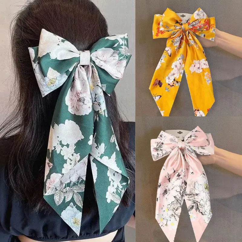 

Big Bow Hairpin High Ponytail Flower Fashion Temperament High Sense Headdress Head Clip Long Ribbon Hair Accessories.