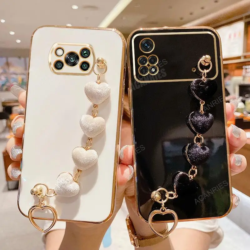 Luxury Plating Love Heart Wrist Chain Silicone Case - Pocox4 Series