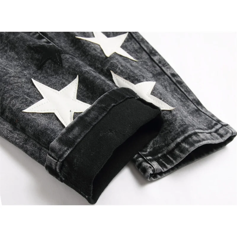 Stitching Stars Jeans Black and Gray for Men Fashion Street Handsome Slim-Fitting Fashion Ripped Skinny Motorcycle Trousers