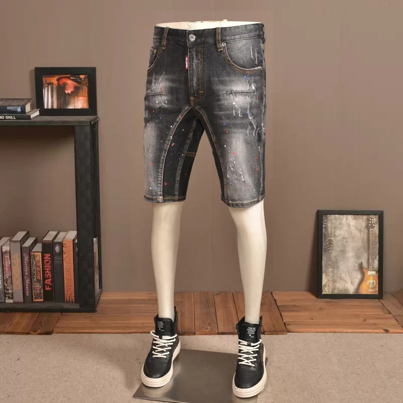 Summer Fashion Streetwear Men Jeans Retro Black Elastic Spliced Ripped Short Jeans Painted Designer Hip Hop Denim Shorts Hombre