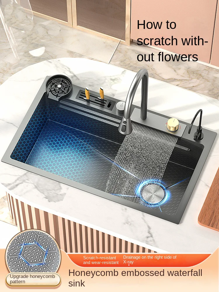 304 Stainless Steel Kitchen Waterfall Sink Digital Display Large Single Sink Dish Basin With Multifunction Touch Waterfall kitchen accessories kitchen sink