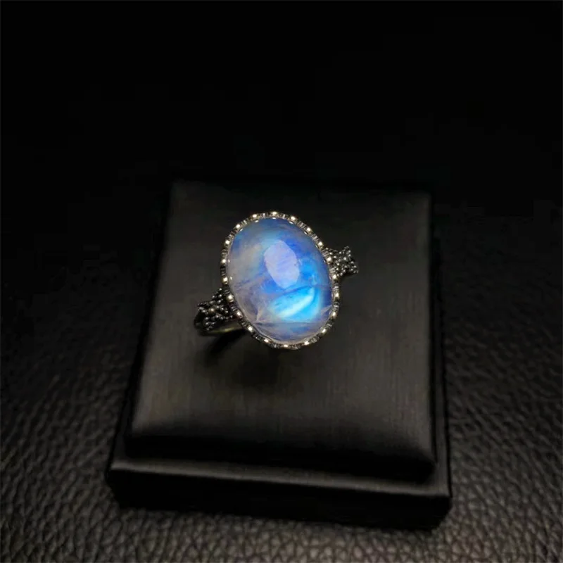 

S925 Natural Blue Moon Stone Ring For Women Vintage Sparkling Birthstone Gemstone Jewelry Handmade 1PCS