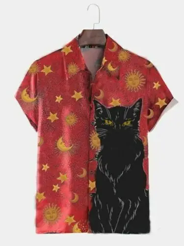 

Black Cat Hawaiian 3D Unique Beach Hawaiian Shirts Summer Short Sleeve Button-Down Collar
