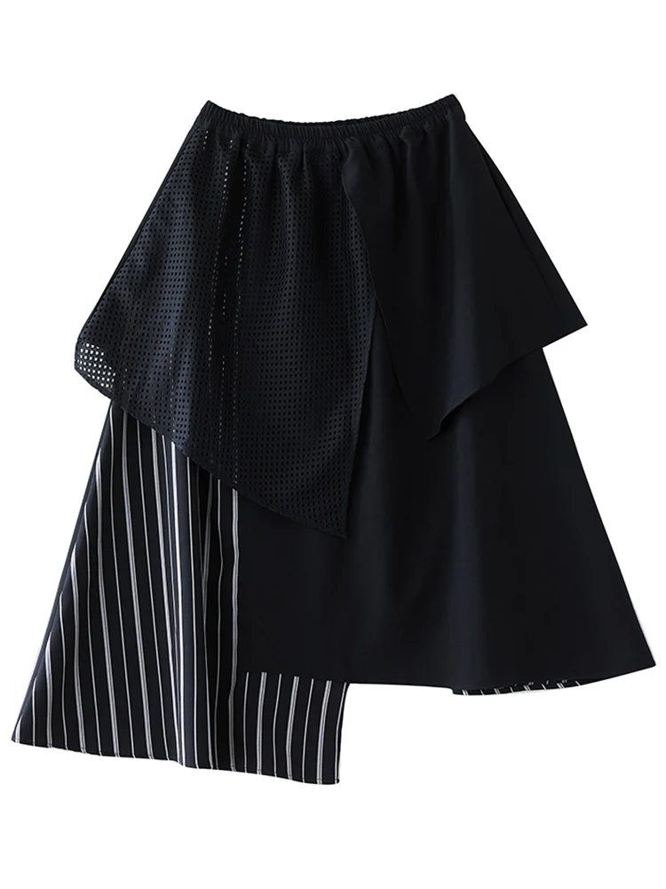 Black Vintage Stripe Irregular High Waist Skirt Women New Spliced Loose Casual Long Skirts Fashion Clothes Spring Autumn 2025