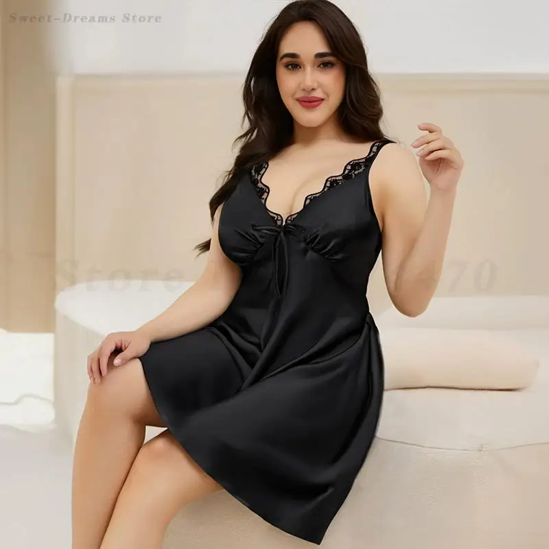 Plus Size 5XL Female Nightgown Sleepwear Sexy Black Tassels Spaghetti Strap Nightdress Nightwear Loose Silk Satin Home Dress