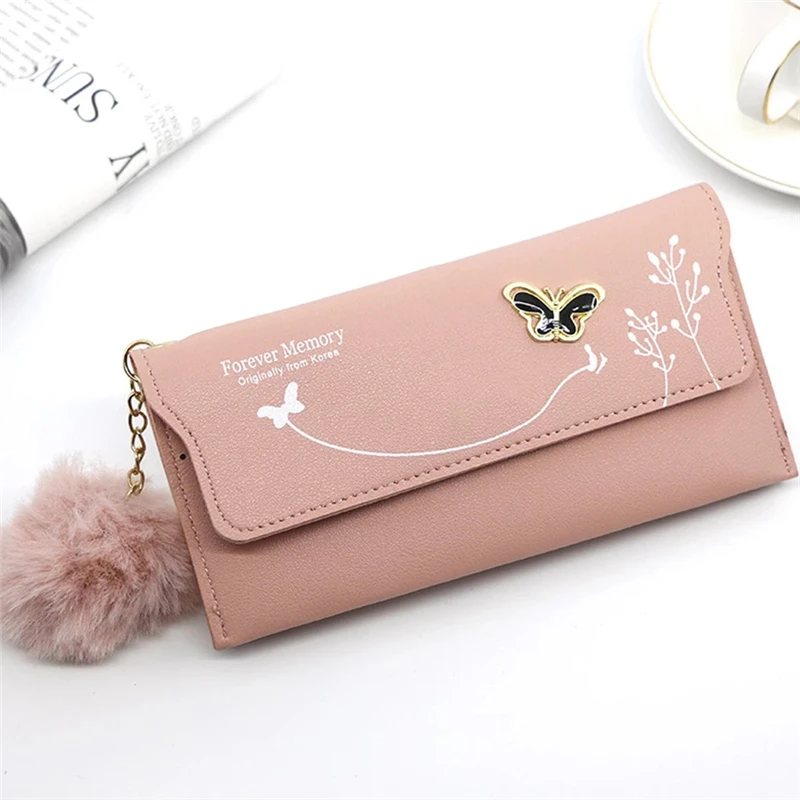 Butterfly Women's Long Wallet Three Fold Zipper Coin Purses Female Pu Leather Hairball Card Holder Clutch Money Bag Phone |