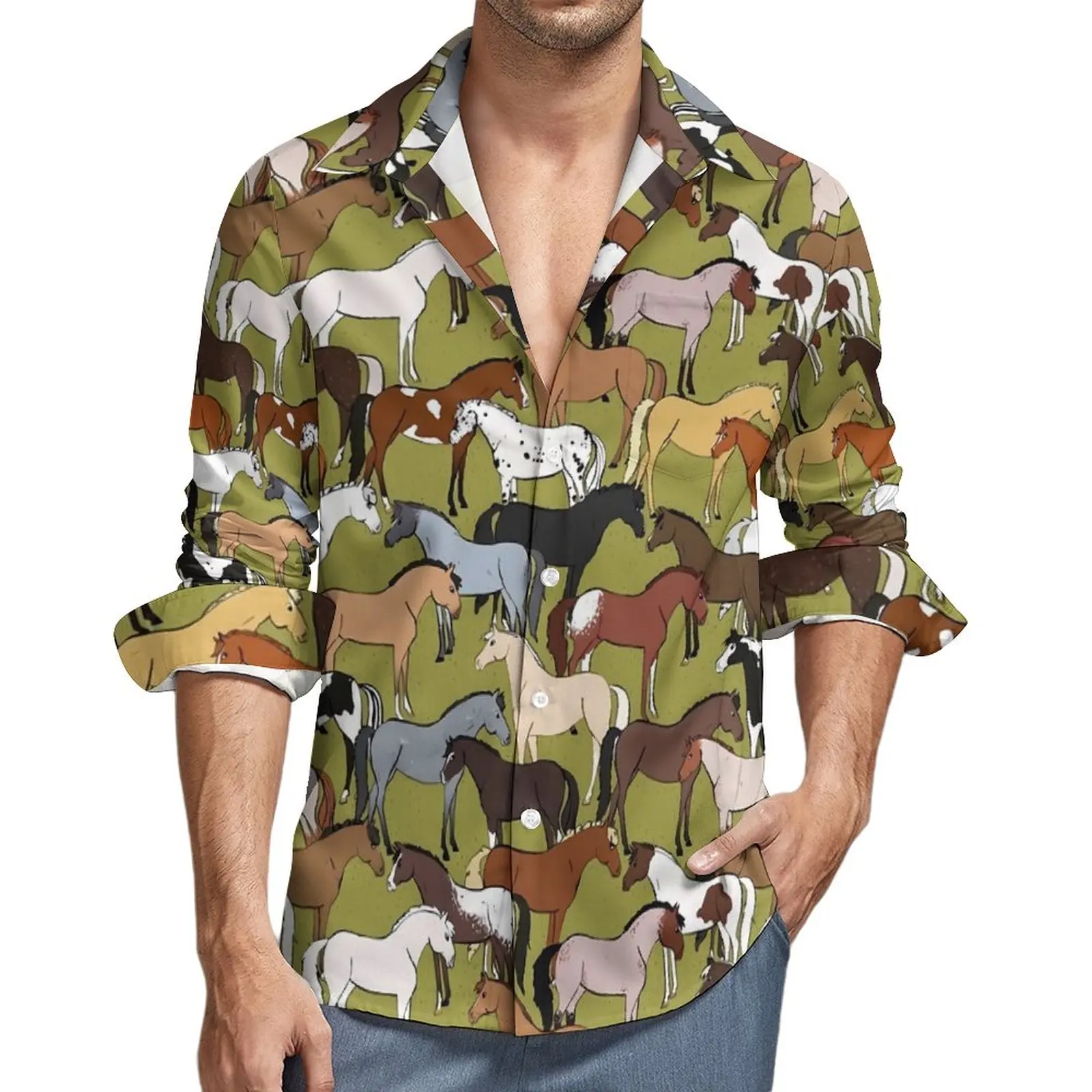 

Horse Print Casual Shirts Man Wild Animal Shirt Long Sleeve Fashion Harajuku Blouses Autumn Custom Top Plus Size