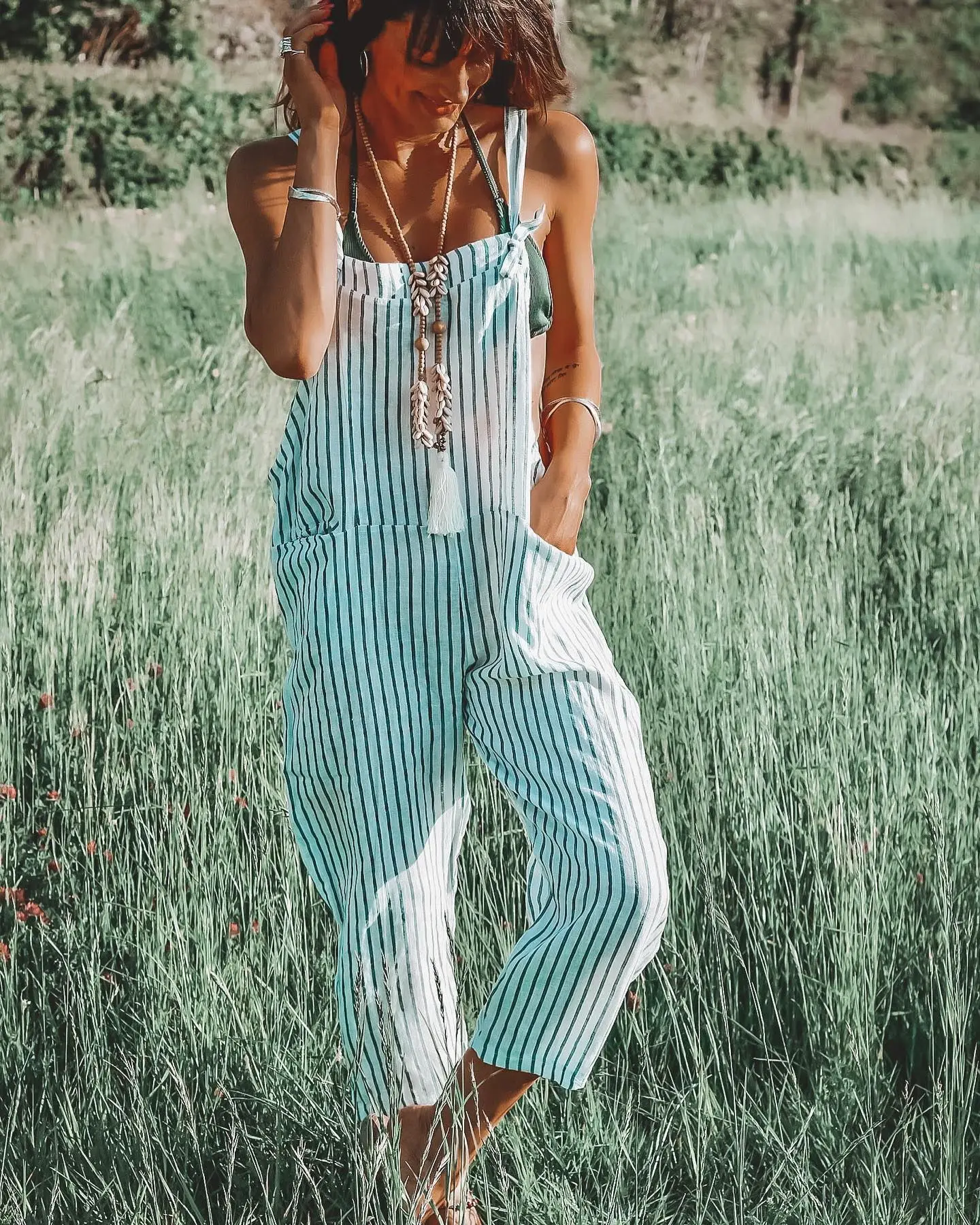 2023 Autumn Cotton Linen Oversize Women's Long Overalls Striped Pockets Loose Overalls Female New Casual Trendy Ladies Clothes