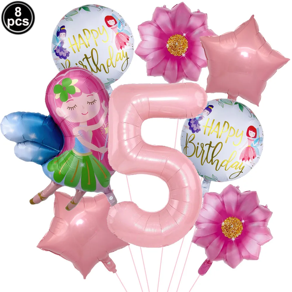 

8Pcs Fairy Girl Foil Ballon Pink 32inch Number Balloon Kids Girl Birthday Party Decoration Balloons Little fairy Girls Balloons