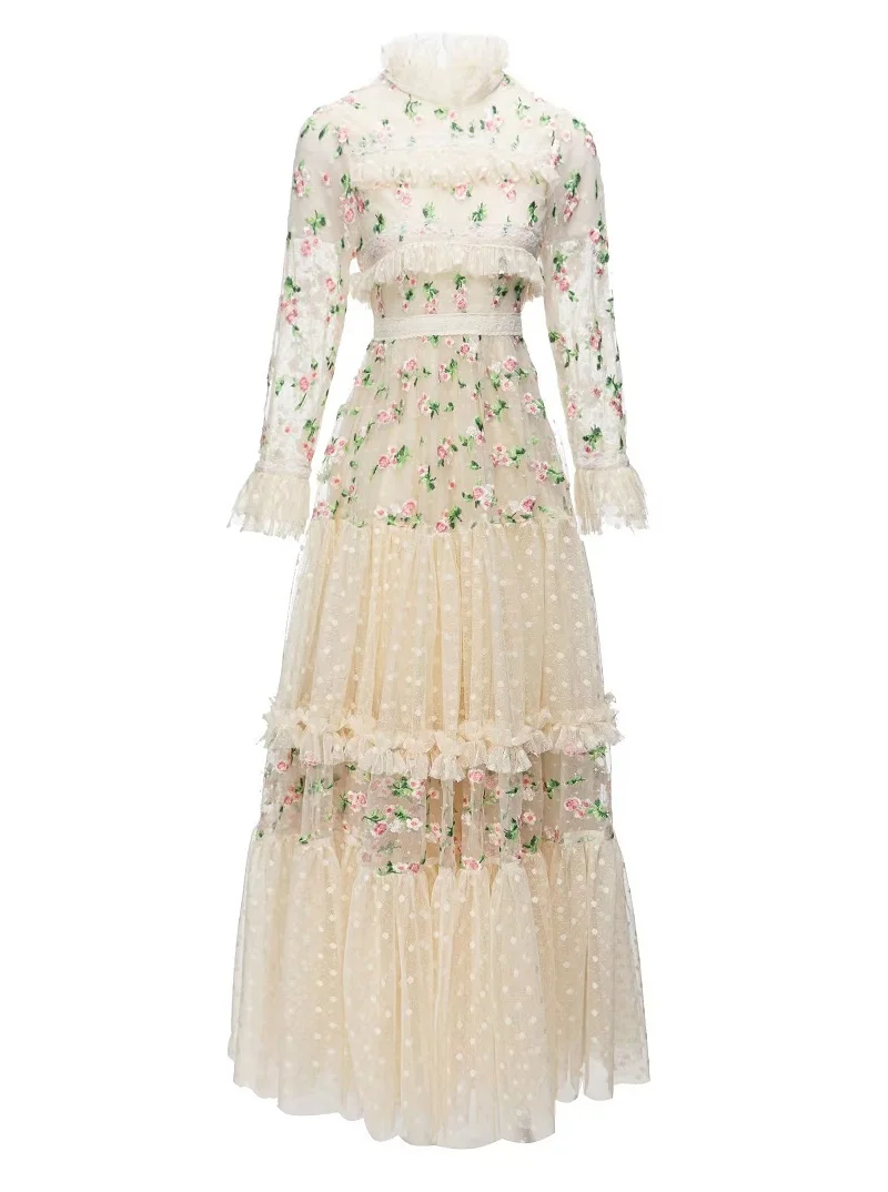 

Top Quality New 2023 Autumn Wedding Party Women Long Dress Luxurious Embroidery Long Sleeve Sexy Tulle Mesh Maxi Gown Dress XXL