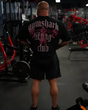 T-shirt sportiva estiva da uomo in cotone a maniche corte, vestibilità ampia, con stampa squalo, per allenamento fitness americano in palestra
