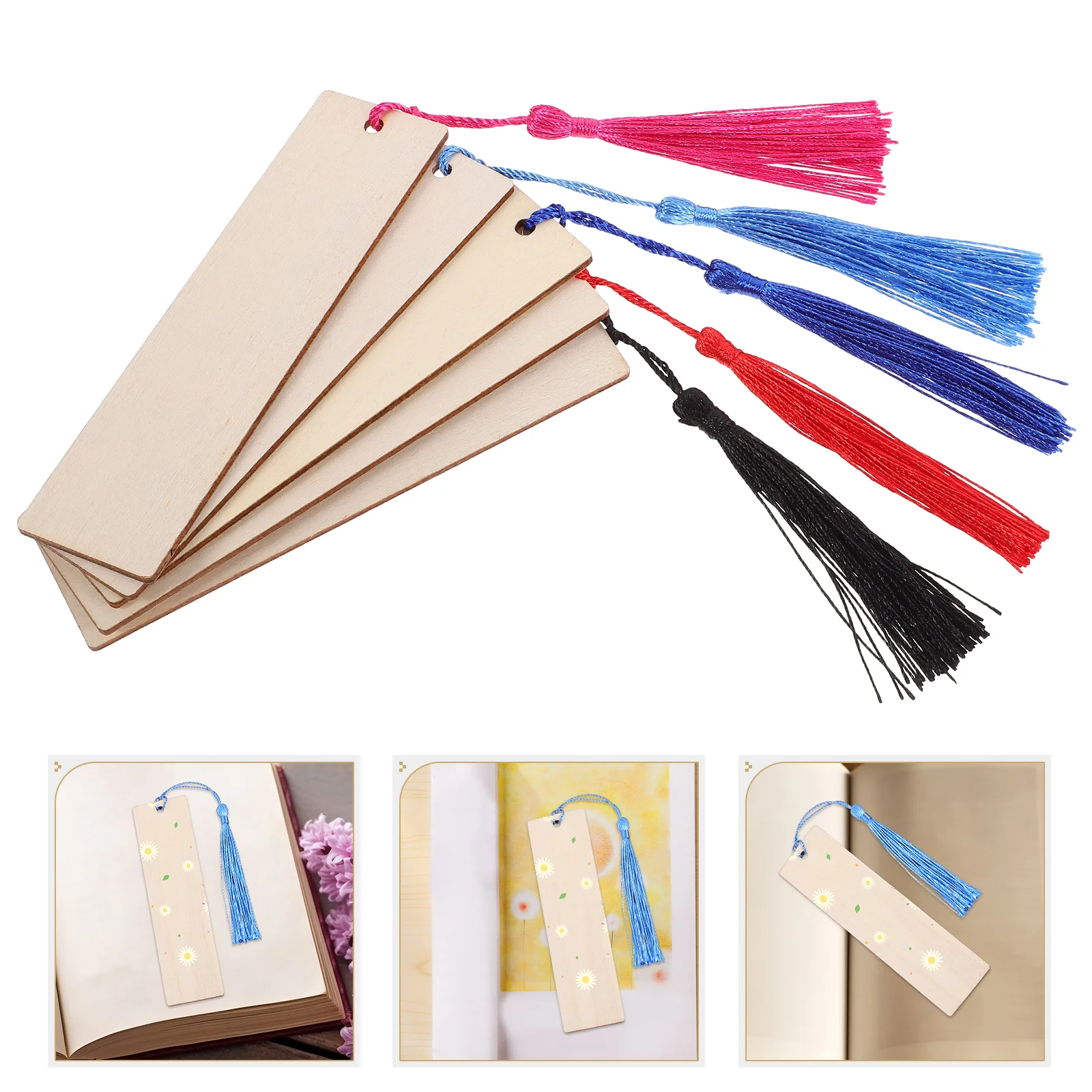 

20 Sets Bookmarks Blank for DIY Crafting Doodle Hanging Tags with Tassel Manual to Decorate Wood Unfinished Page Markers