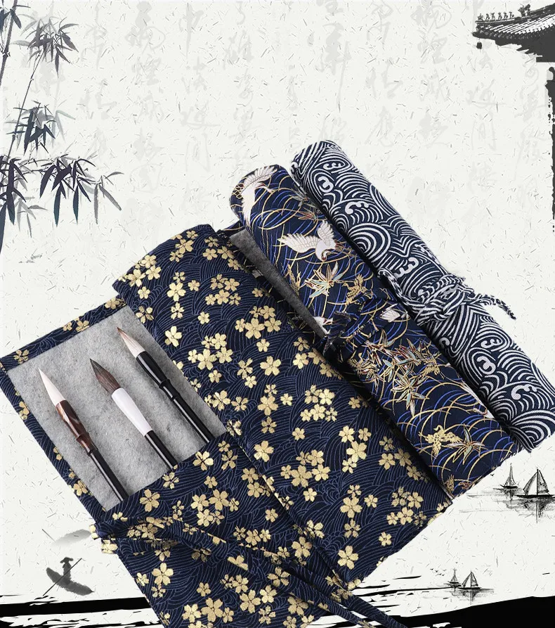 Aquarelle Pinsel Stift Bleistift Taschen Rollen Chinesische Kalligraphie Aquarell Pinsel Bleistift Beutel Leinwand Einfache Tragbare Federmäppchen – Detail 1