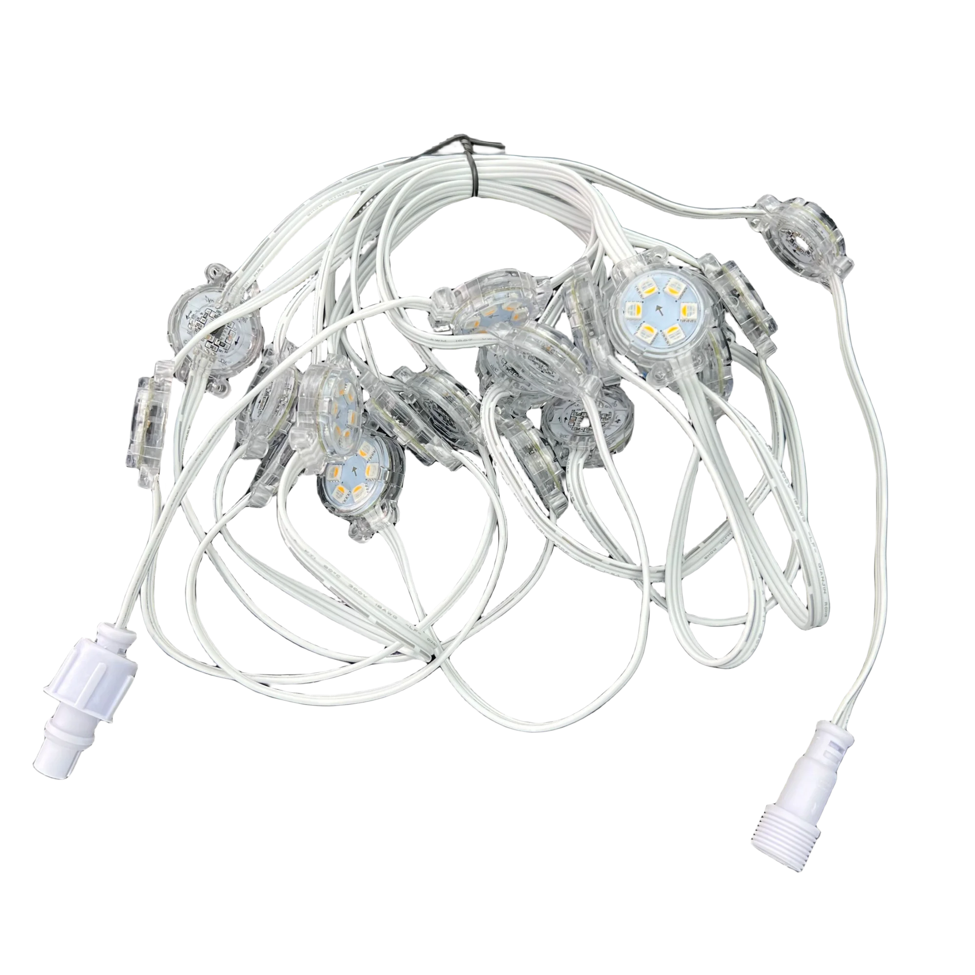 RGBW IC 주소 지정 가능 영구 LED 픽셀 포인트 퍽 라이트, 백색 와이어 간격, 스트링 당 5 픽셀, DC24V, 30mm 개방 구멍, IP68, 20cm