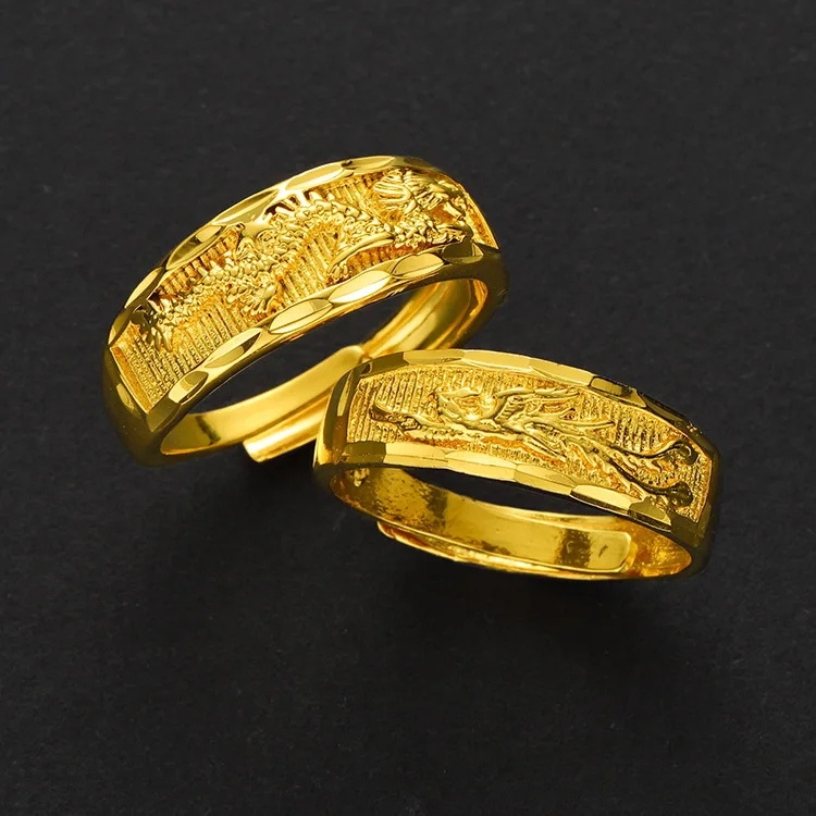 

14K Gold color Opening Rings for Couple Wedding Engagement Dragon Phoenix Pure Gold lover Ring Bands Couple Jewelry Gifts