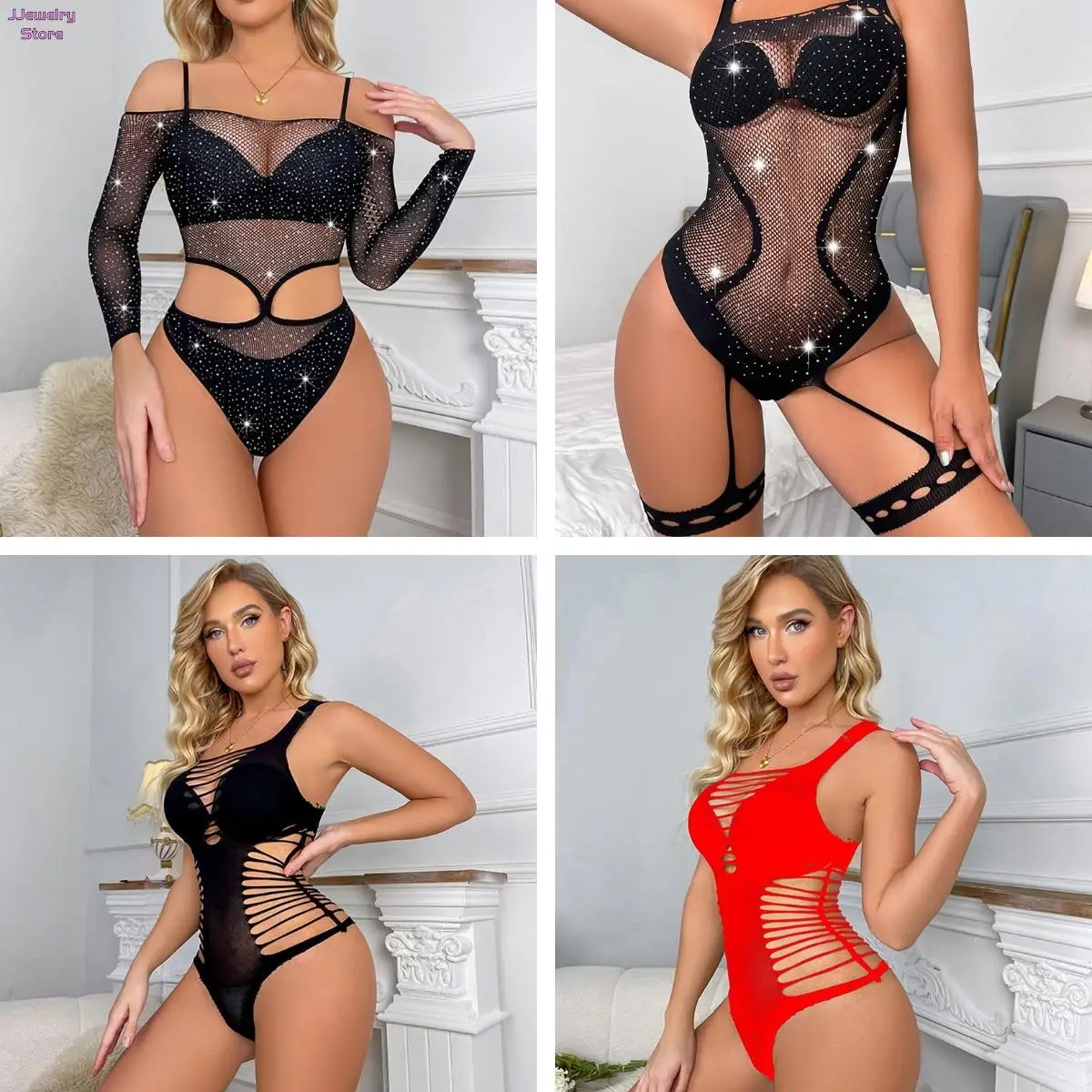 

Rhinestone Sexy Lingerie Summer Tops Sexy Women Transparent Mesh Body Stockings Sequin Jumpsuit