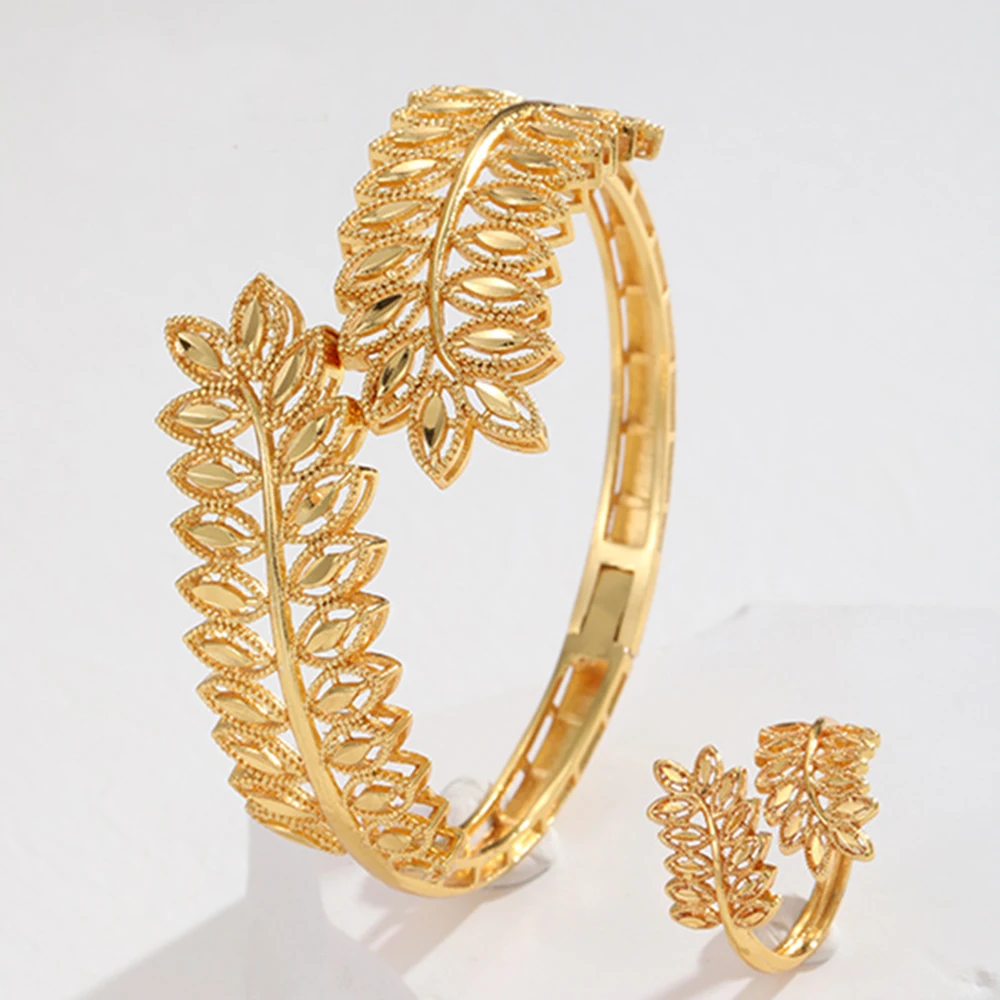 Women Quartz Watch Jewerly Set Fashion Bling Casual Ladies Watch Female Gold  Plated Bangle Leaf Bracelet Ring Letter Necklace