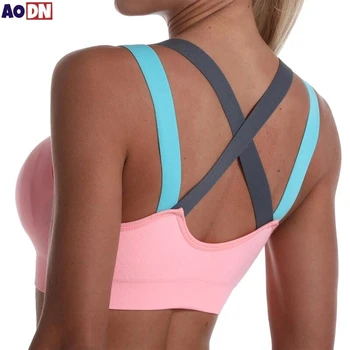 Color Blocked Cross Beautiful back Sports Bra Without Steel Ring Yoga Vest Professional Shock Resistant Running Fitness Bralette