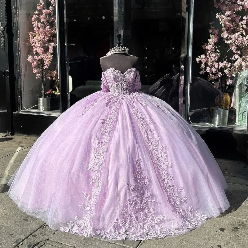 

2024 Lilac Beading Puffy Ball Gown Elegent Princess Appliques Lace Sequin Quinceanera Dresses Luxury Off the Shoulder Birthday