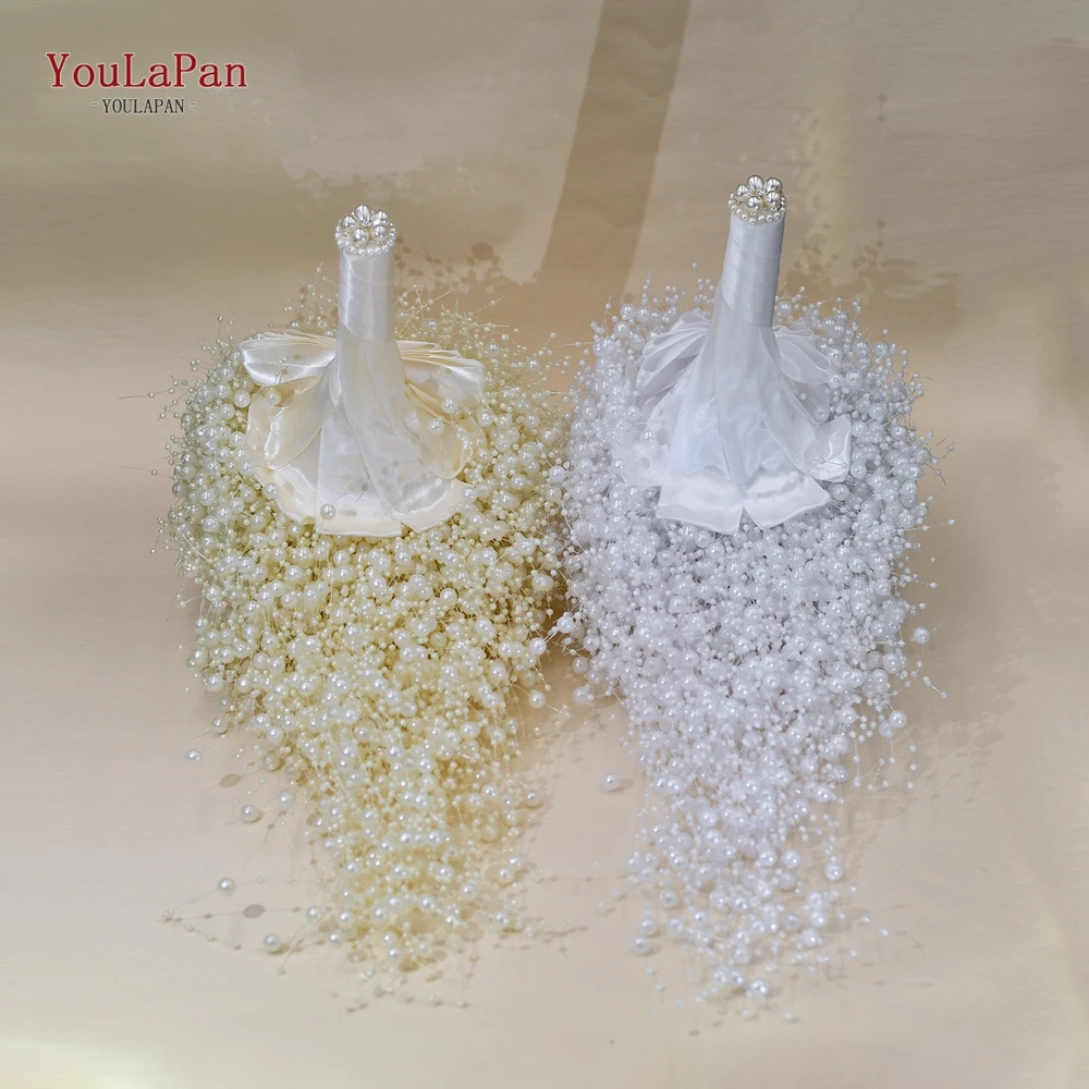 TOPQUEEN White Pearl Wedding Bouquet for Bridal Ivory Beaded Flower Bride Accessories Bow Tie Holding Flowers HF24
