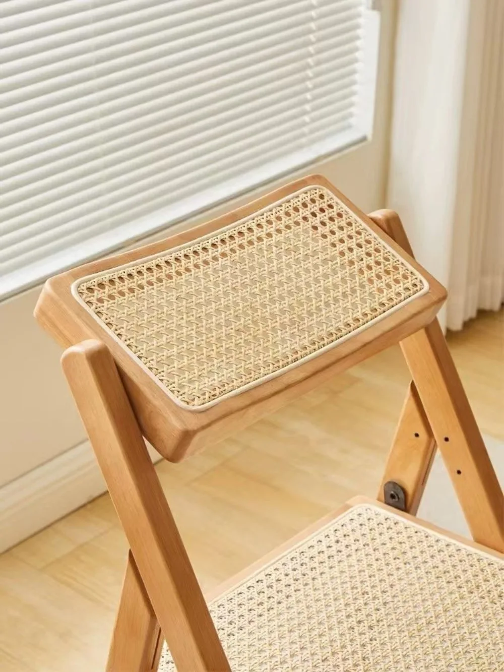 Wabi Stillwind Rattan Chair Household Folding Nanzhu Solid Wood Stool Backrest Dining Chair Nordic Log Wind Eating