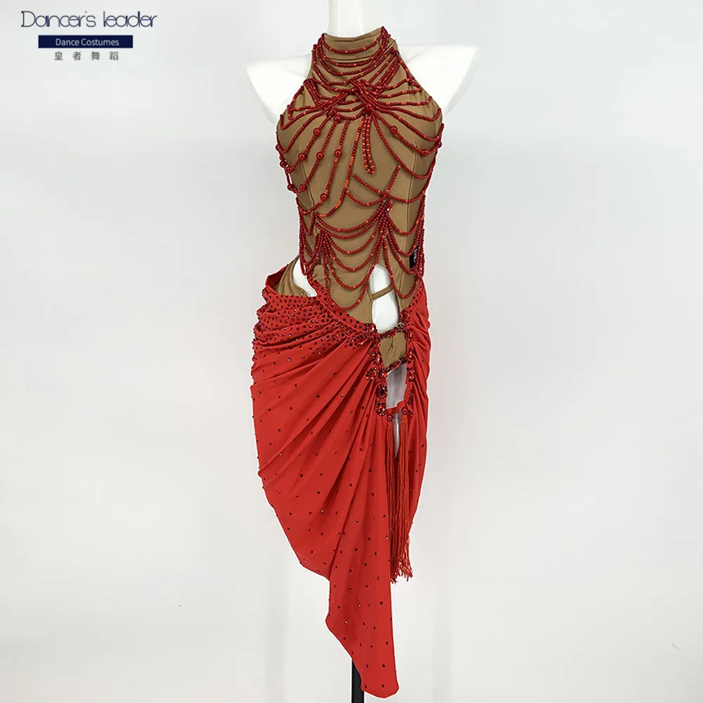 HighEndCustomLatinDanceRedRopePendantBeadedFringeDanceSkirt