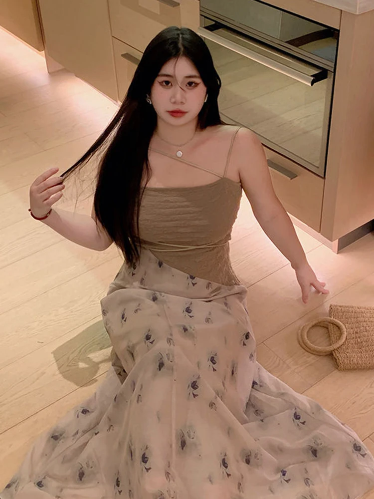 

Plus Size 4xl Tie-dye print irregular slip dress fairy long retro floral dress women summer Sleeveless Loose Beach vestidos