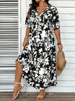 Elegant plus-size black and white floral A-line dress, floor-length, machine washable, round neck design, suitable for spring an - Image 3