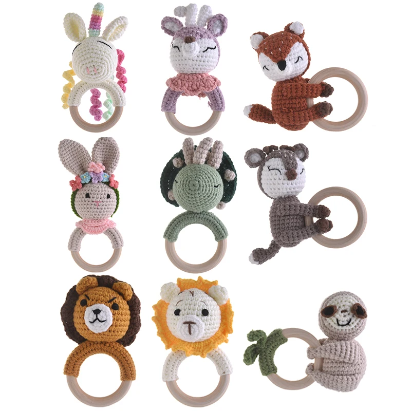 

1Pcs Baby Wooden Rings Bracelet Crochet Animal Rabbit Rattle Toy Nursing Teether Teething Rings For Baby Educational Toys Gifts