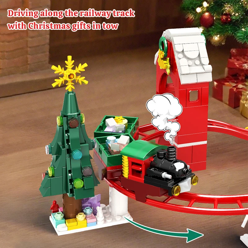 Christmas Gift Sante Holiday Rail Train Carousel Track Christmas Santa Decorations Model Building Blocks Bricks Kids Toys Gift