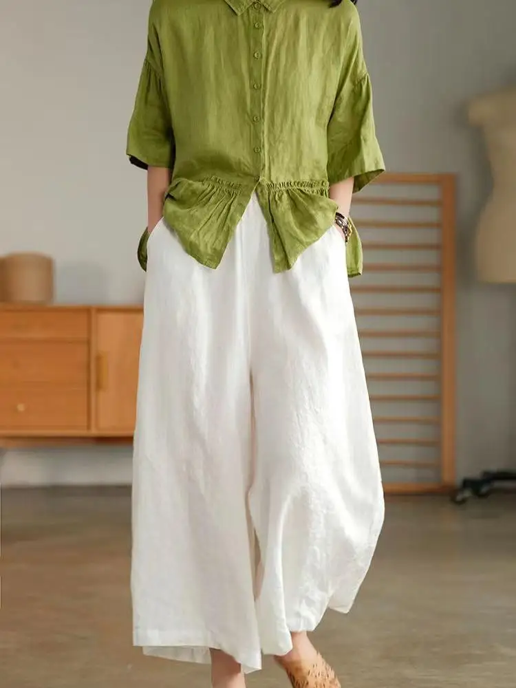 High Waist Cotton Linen Wide Leg Pants Women's New Summer 2025 Mom's High-End Drapey Slimming Linen Flax Nine Points Pants
