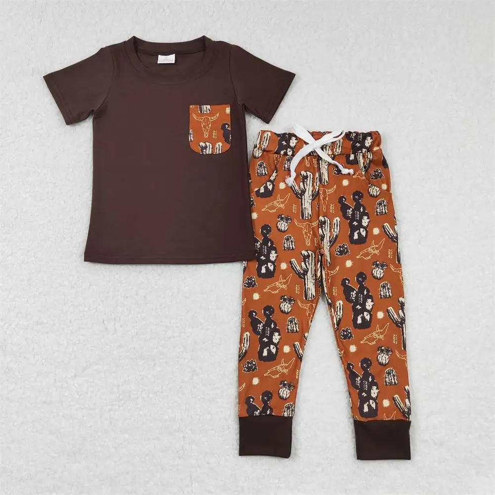 

Wholesale Baby Boy Outfit Toddler Cotton Short Sleeves Pocket Pullover T-shirt Kids Cow Cactus Pants Infant Children Western Set