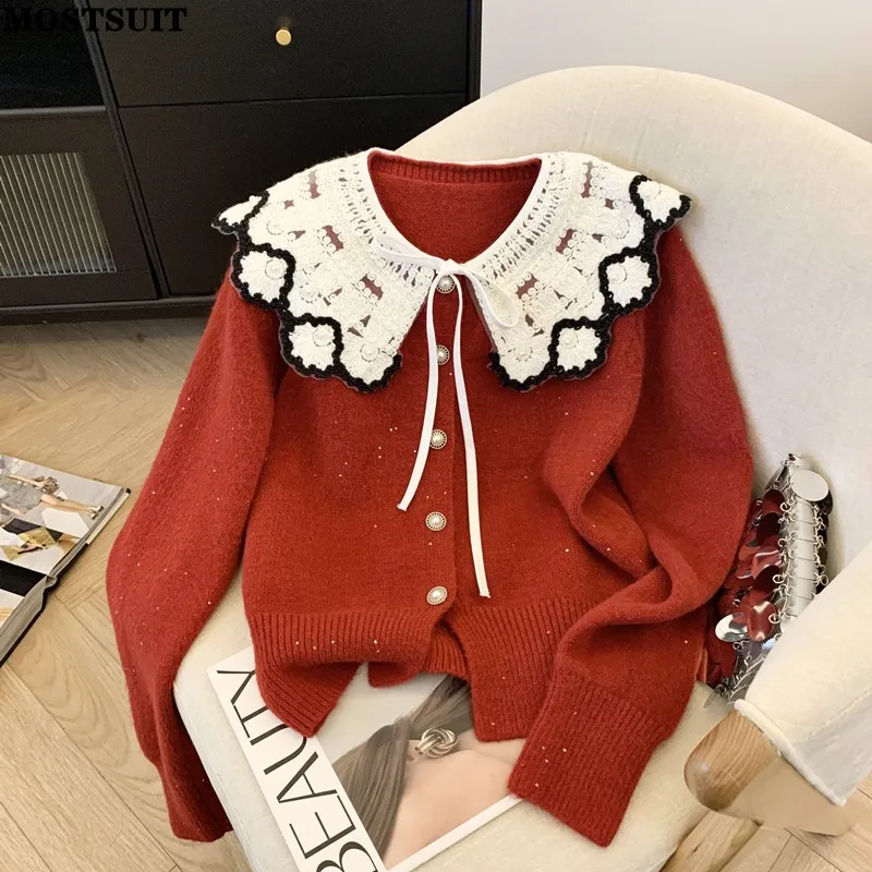 

Stylish Elegant Knit Sweater For Women Pearl Crochet Collar Long Sleeve Tops 2024 Autumn Fashion Chic Vintage Ladies Jumpers