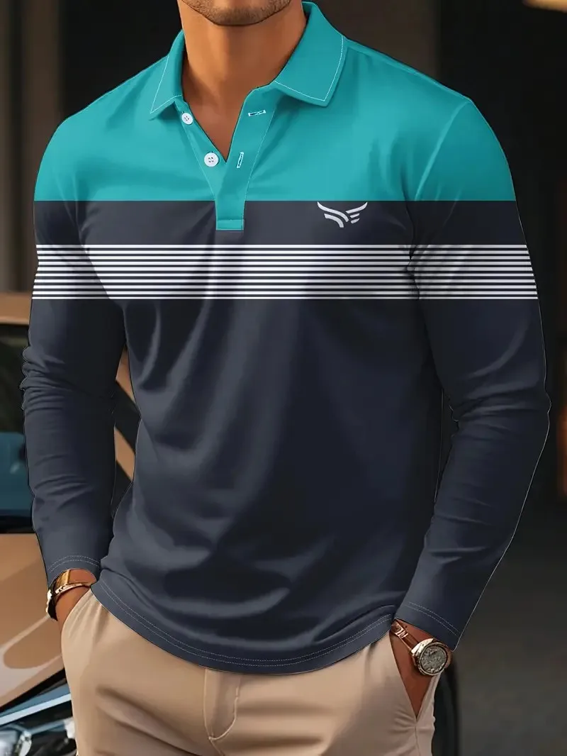 Men’s long sleeve 3D striped breathable casual streetwear polo shirt 003256