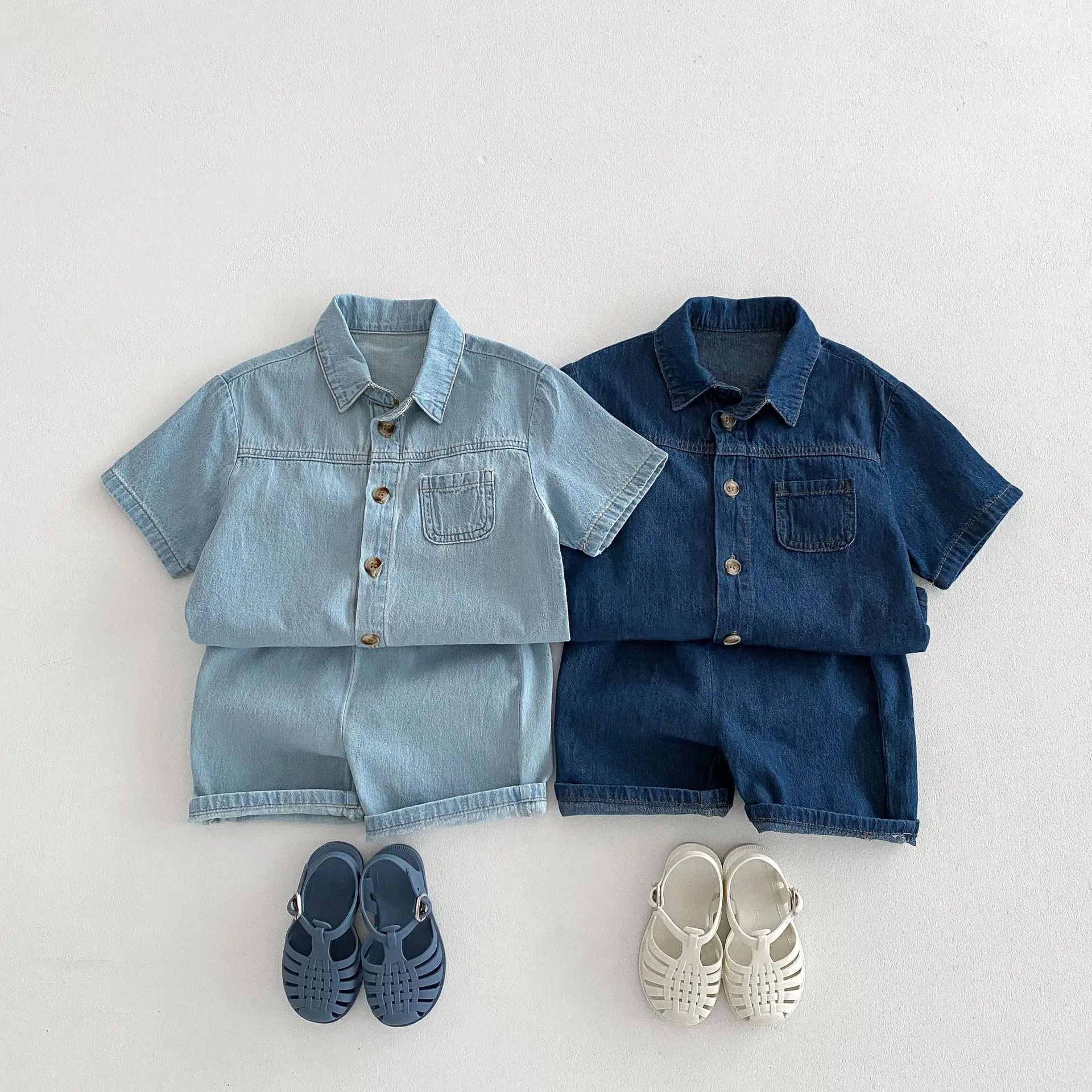 

Children Short Sleeve Denim Set Summer New Baby Boy Girl Lapel Shirts + Shorts 2pcs Suit Kids Fashion Versatile Casual Outfits