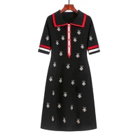 2024 Spring Summer Simple Knitted Skirt Slimming Short-sleeved Polo Collar Dress Fashion  Temperament British Style Mid-length 1