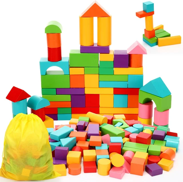 Wooden Building Blocks Set with Storage Bag Wooden Toys for Kids Assembled Building Blocks Early Educational Toys for Children 1