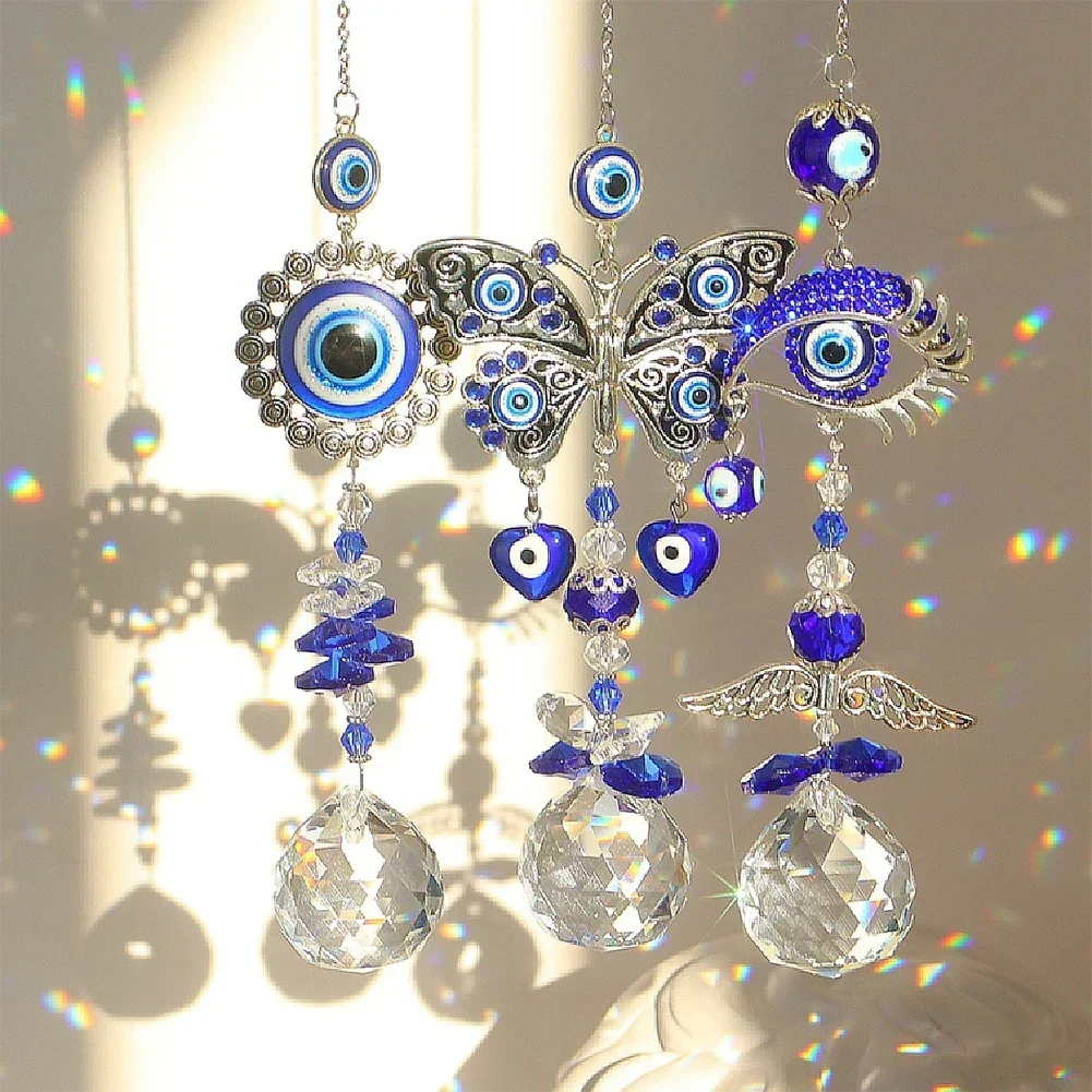 1PCS Hanging Crystal Sun Catcher Blue Devil's Eye Pendant Rainbow Maker Colored Glass Light Catcher Prism Home Garden Decoration