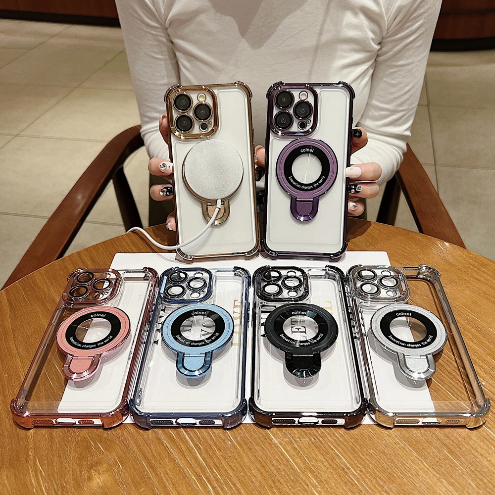 Fashion Plating Magnetic Bracket Case for iPhone 17 16 15 14 13 12 Pro Max Case With Holder Stand Shockproof Cover for Magsafe 6