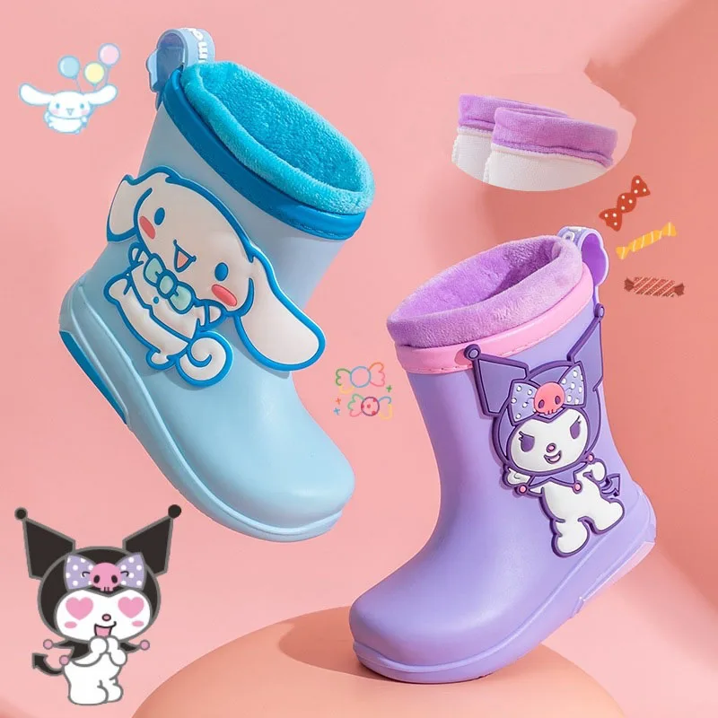 

Kawaii Sanrio Anime Mid Tube Rain Boots Cute Cinnamoroll My Melody Kuromi Cartoon Removable Cotton Set Wear-Resisting Kids Gifts