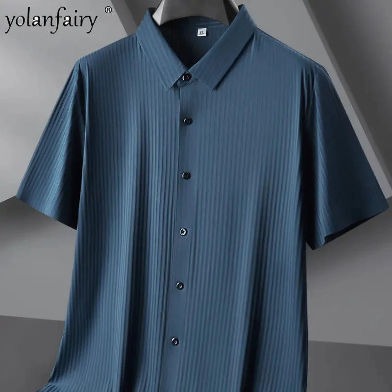 

Plus Size Ice Silk Short Sleeved Light Luxury Seamless s for Clothing Dark Stripe Top Mens Shirts FCY
